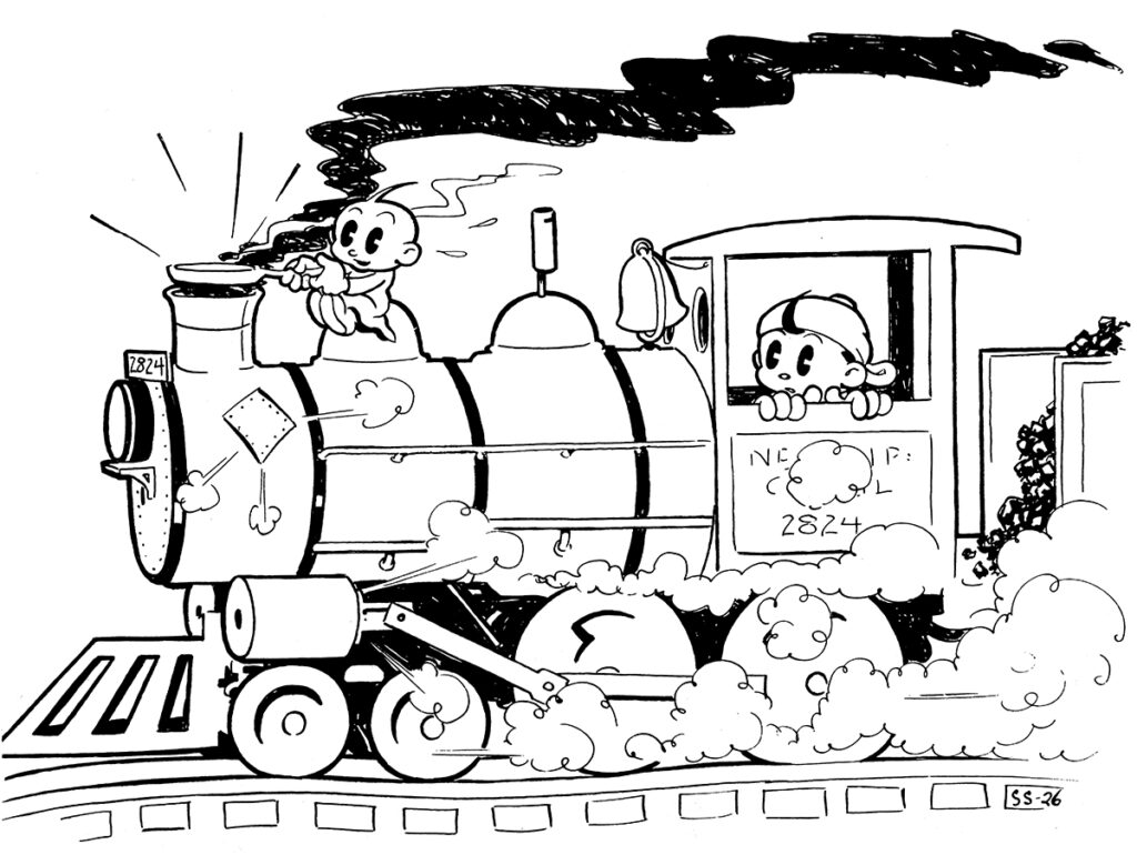 Oopy and Scrappy on a locomotive